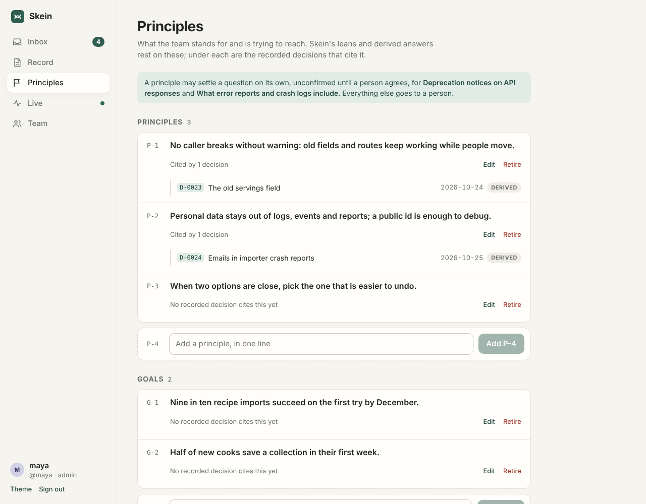 The team's principles page: what Skein may settle alone, who owns which topics, and the principles behind the team's calls, each with the decisions that cite it.